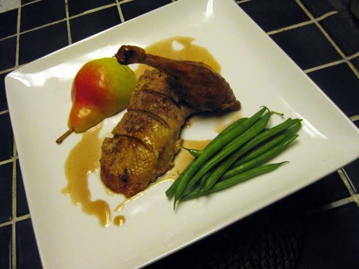 Roast duck with poached pear and green beans